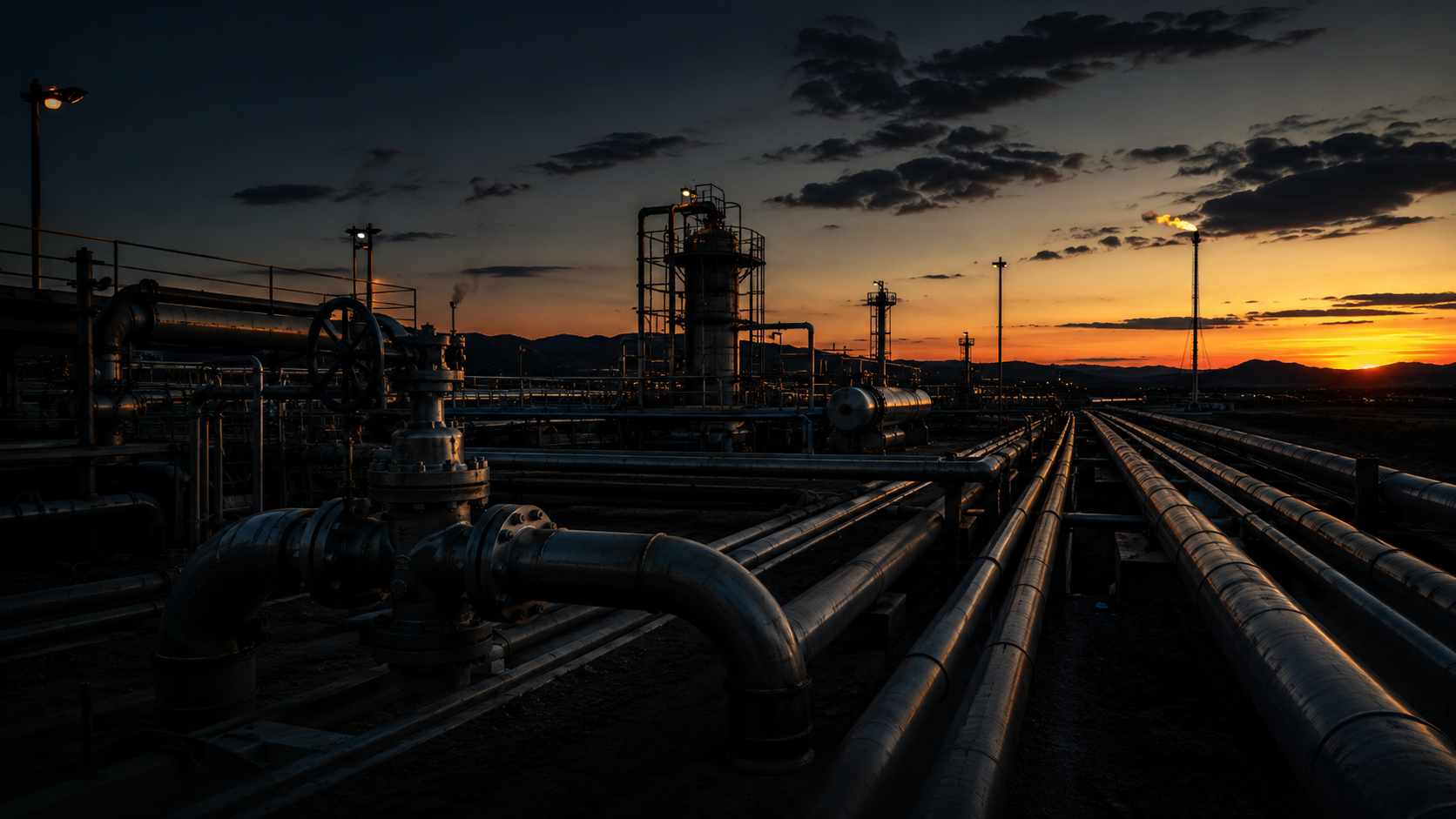 Campo petrolero al atardecer